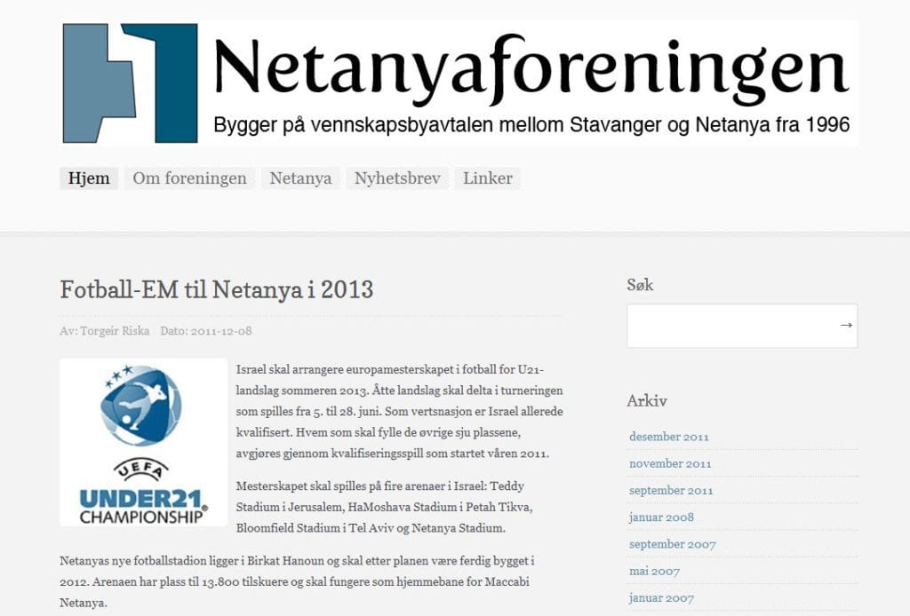 Skjermdump av Netanyaforeningen.no 15. desember 2011.