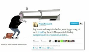 Skjermdump av karikaturtegningen til Marvin Halleraker som fulgte Frank Rossaviks artikkel i Morgenbladet, og journalistens annonsering av egen artikkel på Twitter.