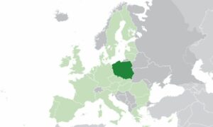 Polen i mørkegrønn, EU-land i lysegrønn. (Illustrasjon: Wikimedia Commons)