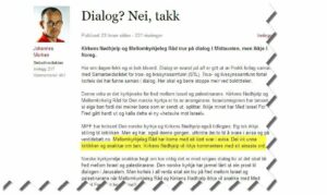 Skjermdump fra Verdidebatt.no, et innlegg som også stod på trykk i Vårt Land lørdag 28. september.