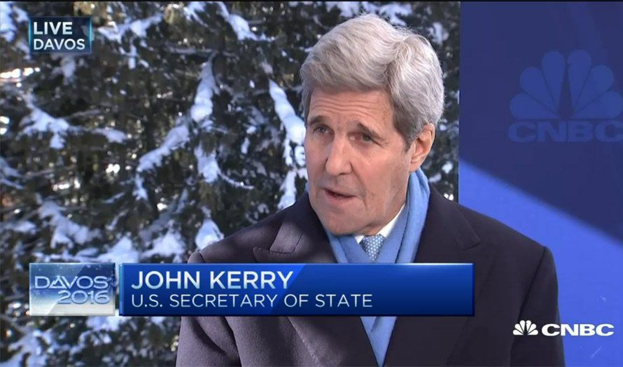 Skjermdump av John Kerry på CNBC torsdag 21. januar 2016.