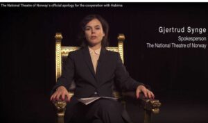 Skjermdump fra YouTube-video som feilaktig påstår å formidle et budskap fra Nationaltheatret.