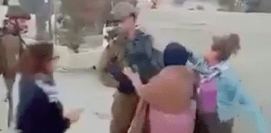 Her angriper de palestinske jentene de israelske soldatene med slag og spark. (Foto: Skjermdump video)