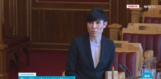 Utenriksminister Ine Søreide Eriksen. (Skjermdump fra NRKs sending fra den muntlige spørretimen på Stortinget 11. april 2018)