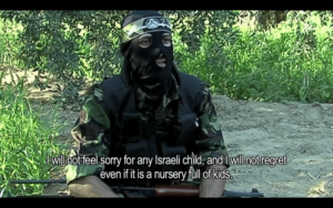 "Jeg kommer ikke til å ha medlidenhet med noe israelsk barn, og jeg kommer ikke til å angre selv om det måtte være en barnehage full av barn." (Skjermdump fra filmen)